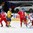 MINSK, BELARUS - MAY 25: Sweden's Joakim Lindstrom #12 gives his team a 1-0 lead over the Czech Republic as Niclas Burstrom #3, Jiri Hudler #24, Oscar Moller #45, Petr Zamorsky #3 and Alexander Salak #53 look on during bronze medal game action at the 2014 IIHF Ice Hockey World Championship. (Photo by Andre Ringuette/HHOF-IIHF Images)